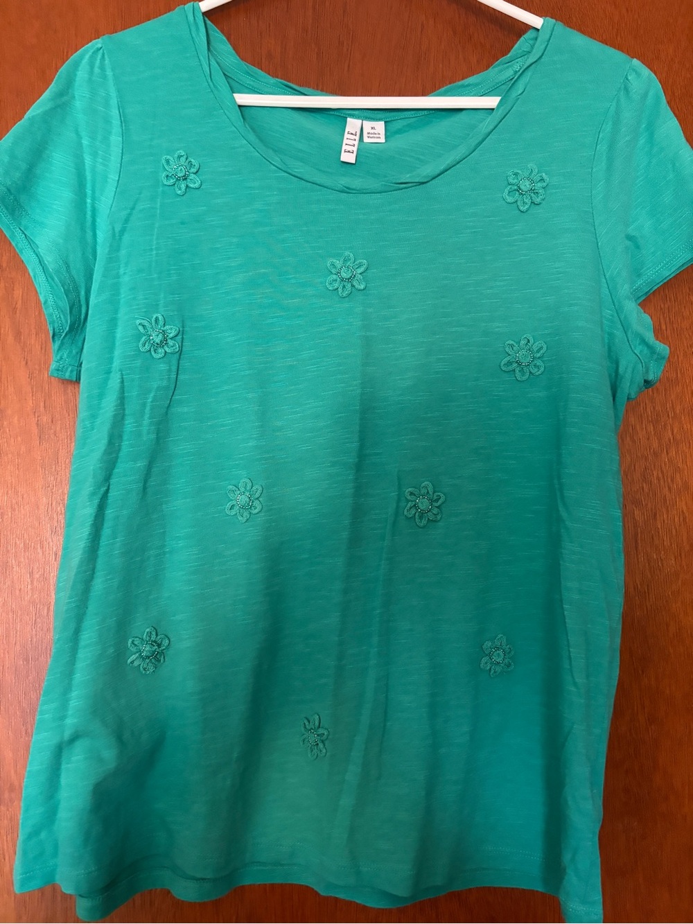 Elle Teal Short Sleeve Scoop Neck Tee with Floral Appliqué